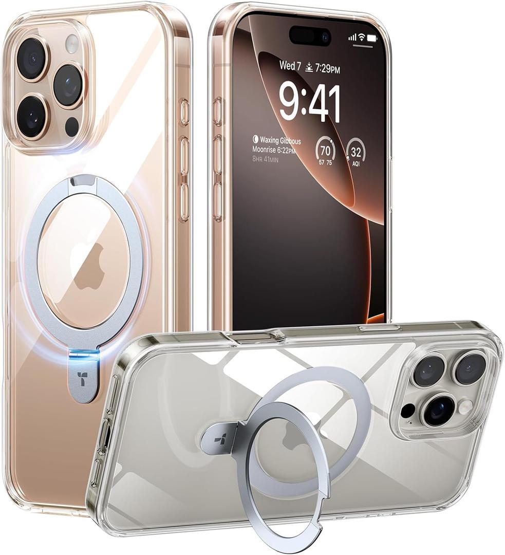 TORRAS Crystal Clear for iPhone 16 Pro Case Magnetic Stand,[Compatible with MagSafe][Flexible Stable Stand]Mil-Grade Protection Transparent Slim Anti-Yellowing Anti-Scratch Ring Kickstand 6.3", Ostand