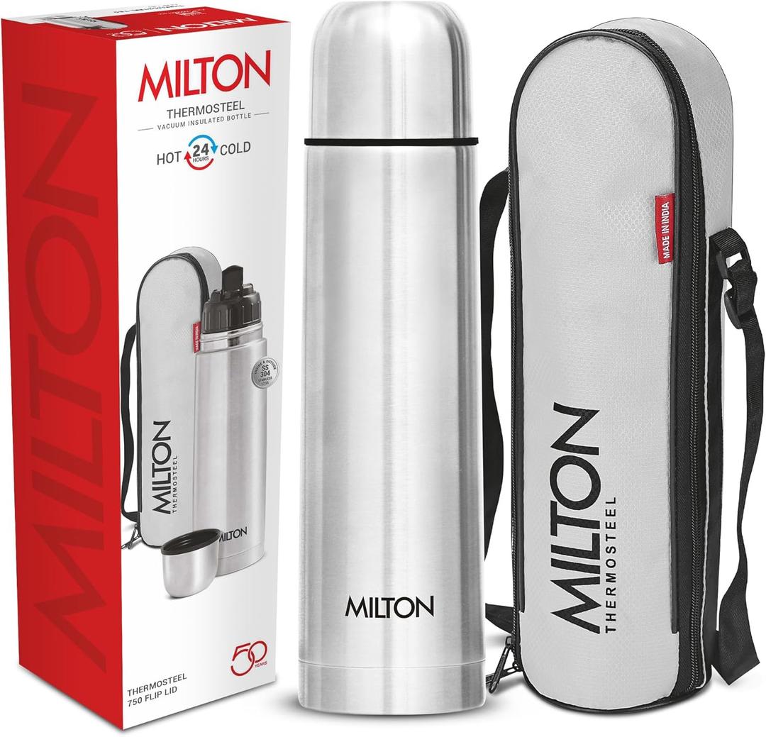 Milton Thermosteel Flip Lid 750, Double Walled Vacuum Insulated Thermos 750 ml | 25 oz | 24 Hours Hot and Cold Water Bottle with Cover, Stainless Steel, BPA Free, Leak Proof | Silver