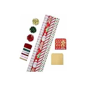 LaRibbons Christmas Wrapping Paper Sets, Gingerbread Man & Polka Dot & Stripes Design with Ribbons & Gift Tags & Metallic Pom Pom for Christmas, Holiday, 30Inch × 10Feet（ 4 Rolls: 100 Sq.Ft.Ttl）