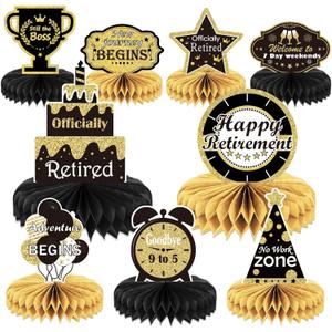 9PCS Retirement Party Decorations Gold Retirement Party Centerpiece Honeycomb Glitter Table Decorations Toppers for Happy Retirement Party Supplies Man and Women
