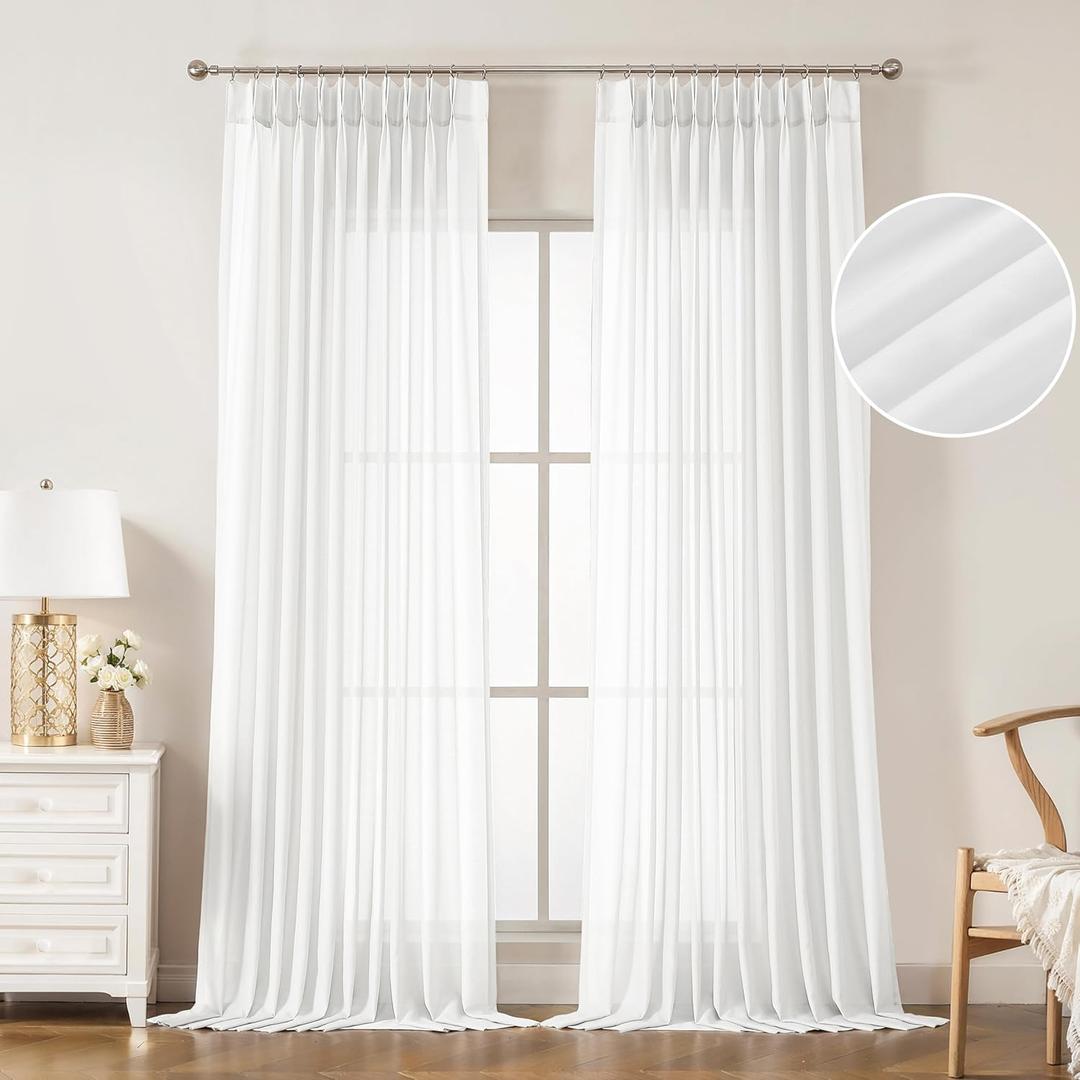 WEST LAKE Bright White Pinch Pleat Sheer Window Curtain Panels 95 Inches Length,Soft Retro Drapes for Bedroom Living Room Sliding Patio Door,Textured Window Treatment,Custom Multi Size,58" Wx95 Lx2