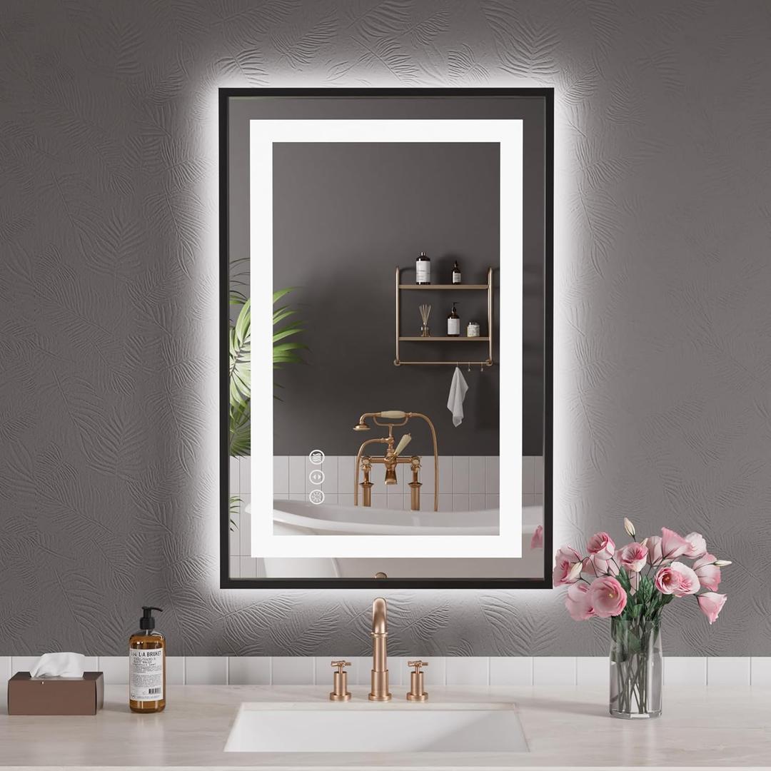 LED Bathroom Mirror,24"x36" Mirror with Black Frame, Front Light and Backlit, Stepless Dimmable, Anti-Fog, Shatter-Proof, Memory, 3 Colors, Double LED Vanity Mirror