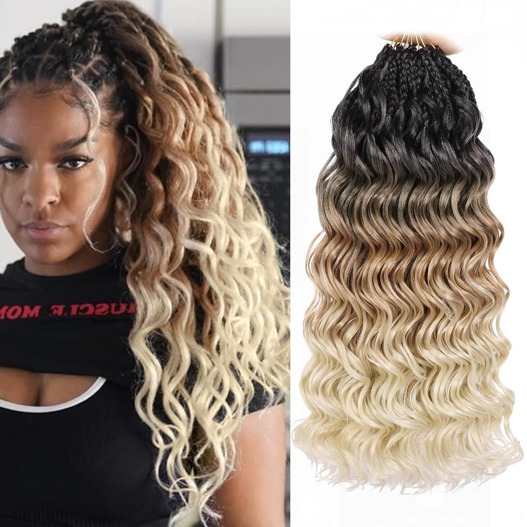 Leeven 14 Inch Pre Looped Ocean Wave Crochet Hair 8 Packs Boho Ocean Braids 3 Tone Ombre Blonde Short Curly Crochet Hair Pre Twisted Synthetic Deep Wavy Crochet Hair for Women