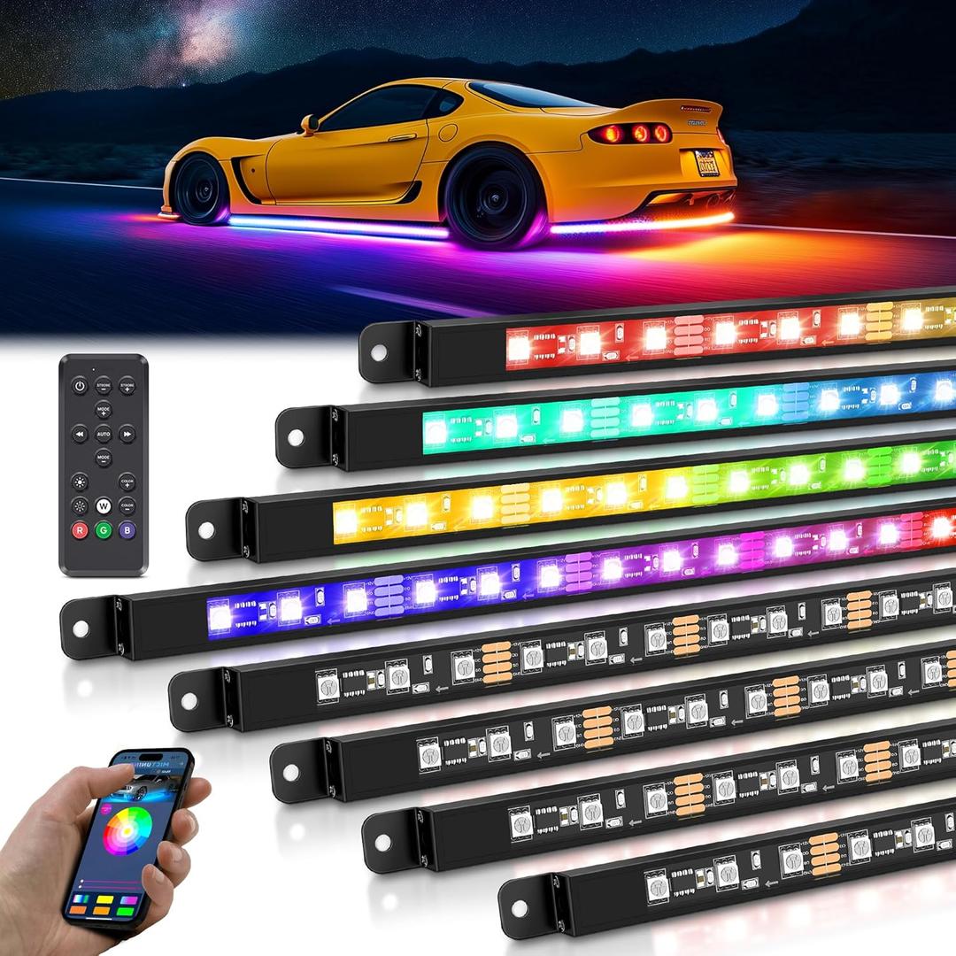 MICTUNING 8Pcs N8+ Chasing Color RGB+IC Underglow Neon Accent Strip Lights, 12V Multi DreamColor Music Soundsync Exterior Underbody Lights for Car, Wireless App & Remote Control