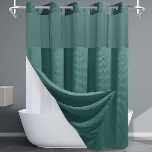 EUTXL Seaweed Green Long No Hook Shower Curtain with Snap in Liner,230GSM Waffle Weave Shower Curtains for Bathroom,71W x 86H