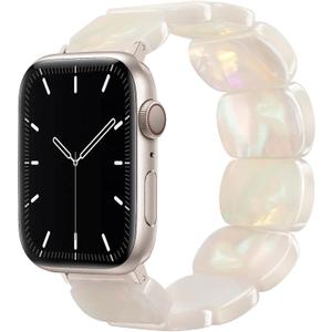Newlibery Resin Stretchy Watch Bands Women Compatible with Apple Watch 38mm 40mm 41mm 42mm (S11/10) Tortoise Light Bracelet Beaded Elastic Strap for iWatch Series11/10/9/8/7/6/5/4/3/2/1/SE/Ultra (M) (Ivory White)