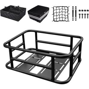 RAYMACE Bike Basket Rear Rack with Cargo Net, Liner and Waterproof Cover,Heavy Duty Bicycle Basket Perfect for Electric Bike