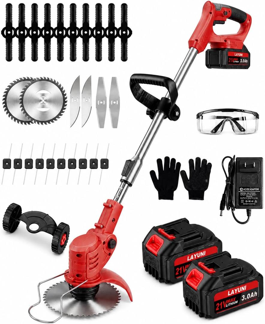 Cordless Weed Wacker with Wheels, 880W Electric Weed Eater with 2 x Batteries, 3-in-1 Battery Powered Grass Trimmer/Brush Cutter with 5 Types Saw Blades