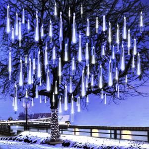 Christmas Lights Outdoor, Meteor Shower Lights Falling Star 12 inch 8 Tubes 144 LED Icicle Snow Falling Raindrop for Xmas Tree Halloween Party Decoration, UL Plug, White