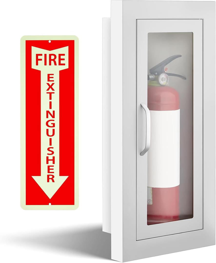 Zonon Semi-recessed Fire Extinguisher Cabinet with Reflective Sign, Steel Recessed Wall Cabinet Box, Magnetic Door with Handle, Acrylic Window, 2.5 Inch Trim, for 2.5/5/10 lb. Extinguisher