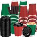 Kochorie 60 Pack 12 Oz Christmas Paper Coffee Cups with Black Lids Disposable Insulated Corrugated Ripple Wall Cup for Hot or Cold Drinks Office Home Travel Party Supplies