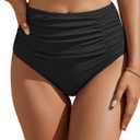 Blooming Jelly Womens High Waisted Bikini Bottoms Tummy Control Swim Bottom Ruched Full Coverage Retro Swimwear (Black, L)