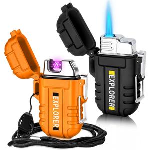 2 Pack Waterproof Lighter Outdoor Windproof Torch Lighters Dual Arc Butane Electric Lighters USB Rechargeable Lighters Flameless Plasma Lighter Camping Hiking Adventure Survival Tactical Gear (Orange+black)