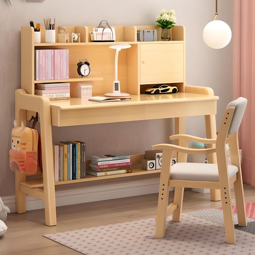 Study Desk and Chair Set Adjustable Height, All Solid Wooden Bedroom Furniture, Pink Table Chair Set with Shelves, Drawer, School Student's Table Office Computer Workstation (Natural Wood)