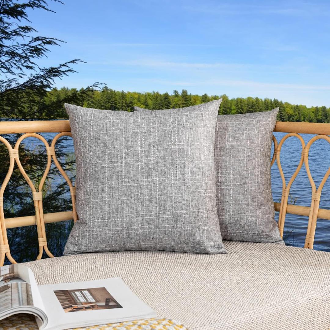 Kevin Textile Pack of 2 Outdoor Waterproof Pillow Covers Throw Pillow Covers Decorative Pillowcases Checkered Weaving Linen Pillow Cases for Sofa Couch Patio Garden 24x24 Inch Grey