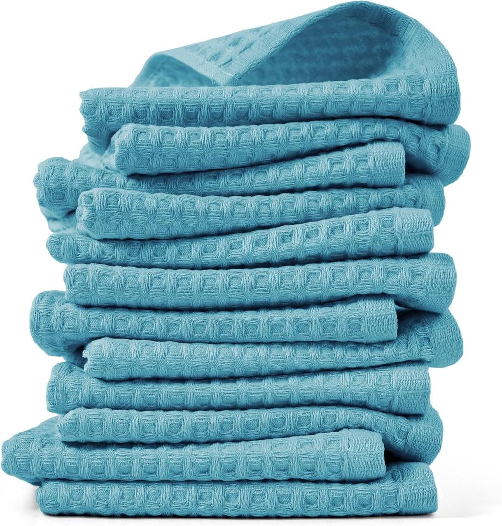 Cleanbear Lake Blue Waffle Washcloths 12 Pack, 13 x 13 Inches, Lightweight and Quick-Dry Face Towels, Soft and Absorbent, Ideal for Bathroom (Seafoam-Green)