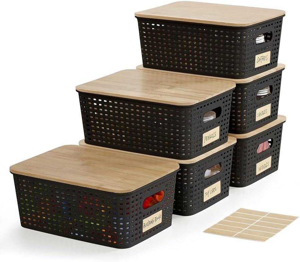 Small Plastic Storage Bins with Bamboo Lids 5.2qt Stackable Box Basket Pantry Decorative Containers Cute with Lable for Organizing Desktop Closet Office Black of 6 packs 10 * 7.2 * 4.1'