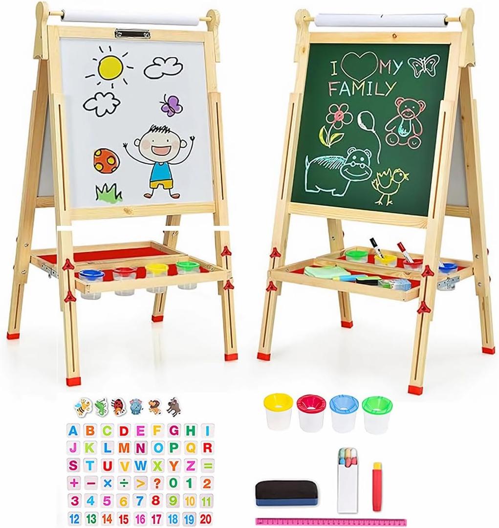 EAQ Easel for Kid,Height Adjustable Wooden Art Easel,Whiteboard Chalkboard with Paper Roll Holder,Letters and Numbers Magnets and Other Accessories Best Birthday Gift for Kids