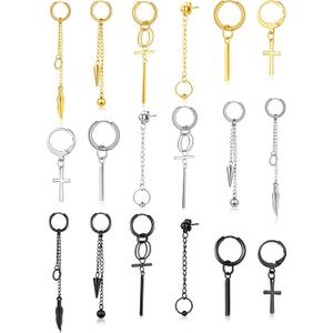 Hicarer 18 Pcs Men Dangle Hanging Earrings Hinged Dangle Stainless Steel Huggie Hoop Long Chain Pendant with Feather Leaf Bar Black Gold Silver