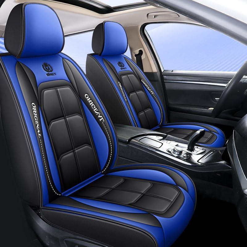 BGYFDU03 Seat Cover 5-Seater Full Set, Universal Type, Suitable for Most Cars Pickup Ttrucks Airbags Compatible with Synthetic Leather Car Seat Cushion Protectors (Black-Bule)