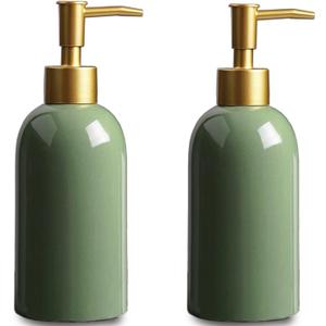2Pack Ceramic Soap Dispenser Green with Gold Pump,Modern Design Cylindrical Lotion Dispenser Bottle,Refillable Liquid Hand Soap Dispenser for Kitchen,Bathroom,Washroom