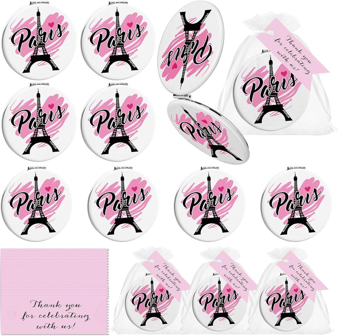 12 Sets Paris Party Favors for Guests Included Paris Round Make up Mirror Thank You Tags and Organza Bags Eiffel Tower Gift for Birthday Bridal Shower Pink Baby Shower Sweet 16 Party Favors