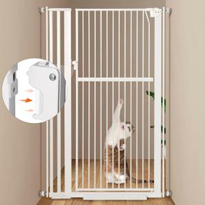 59 Extra Tall Pet Gate, Durable Metal Cat Gate with Double Safety Lock & Walk Thru Door - Self Closing/Stay Open/Open Both Ways, Pressure Mounted Dog Gate for Indoor Stairs, Doorways, Hallways (33.4"-37.4" Wide / 85-95cm, White)