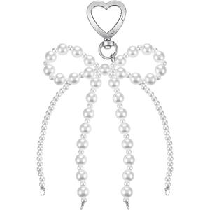 Nogeqi Pearl Bow Keychain Cute White Pearl Bag Charm, Elegant Heart Y2k Bow Purse Charms for Handbags for Women Girls
