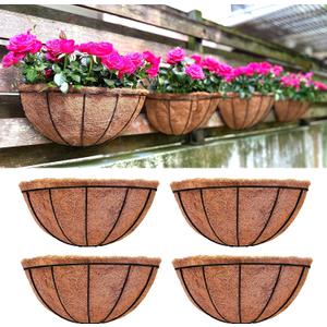 LaLaGreen Large Wall Flower Baskets, 4 Pack, 16 Inch Rail Planter for Outdoor Plants, Metal Wire Plants Holders with Coco Liner Outside Fence Balcony Garden Pots Railings Hanging Deck Porch Decor