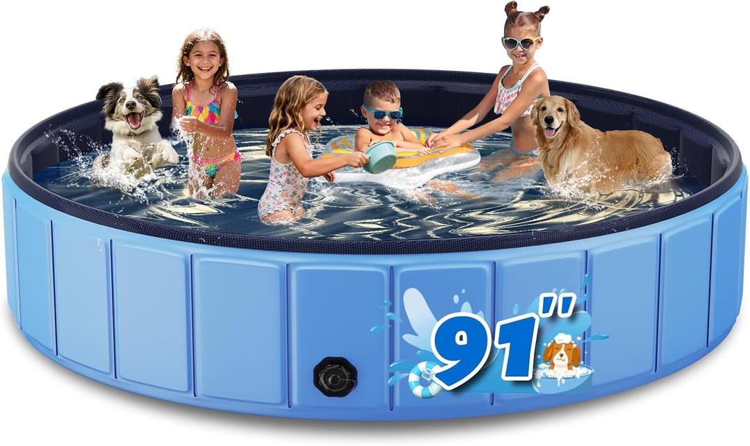 Foldable Dog Pool for Large Dogs, 91 Collapsible Hard-Side Dog Swimming Pool, Leakproof PVC Portable Pet Bath Tub & Kiddie Pool, Non-Slip Bottom, Indoor & Outdoor, Blue