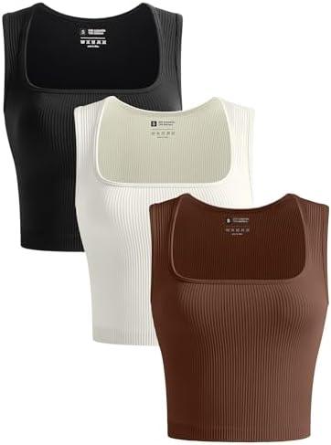 OLCHEE Womens 3 Pack Crop Tank Tops Seamless Ribbed Square Neck Tapered Shoulder Strap Sleeveless Workout Top Summer Shirts, M