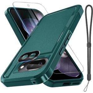 for Google Pixel 9a Case with Screen Protector+Camera Lens Protector+Wrist Strap Lanyard,Heavy Duty Shockproof Full Body Protective Phone Cover,2025 Dark Green