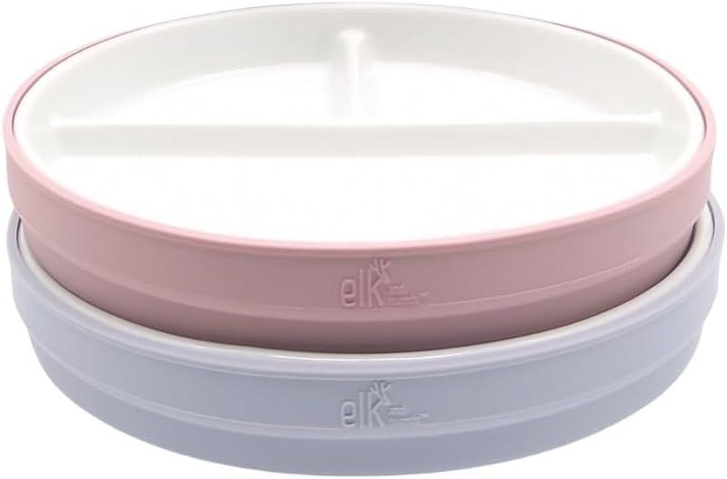 Elk and Friends Kids 7.8 Porcelain Divided Plates with Silicone Sleeves | Suitable for Babies/Kids/Toddlers | Microwave & Dishwasher Safe | Non Slip | Snack Dishes (Blush/Lilac)