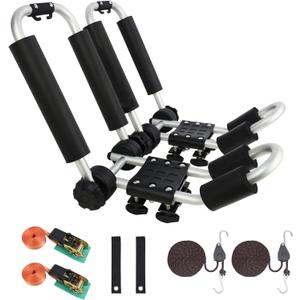 Upgraded Universal Folding Kayak Rack, J-Bar Carrier for Canoe Boat SUP Ski, Mount on Car Roof Top Crossbar, Includes 4 Ratchet Straps, 2 Anchor Straps (1 Pair, Aluminum)