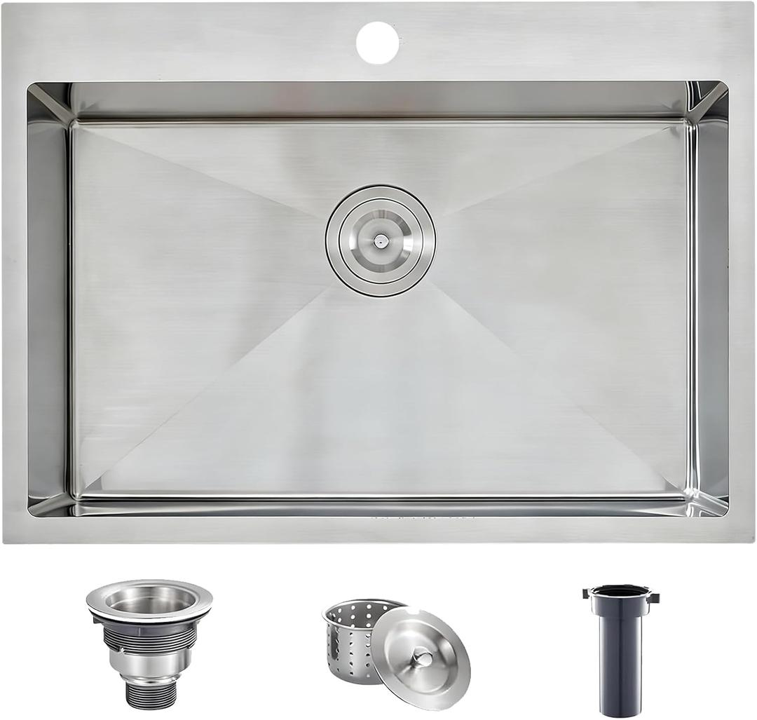 VCCUCINE 28x18 Inch Drop in Kitchen Sink 16 Gauge Top Mount Handmade T304 Brushed Nickel Kitchen Sink,Stainless Steel Single Bowl Workstation Topmount Overmount Sink with Strainer