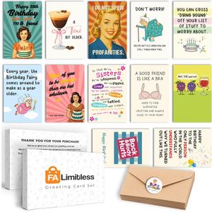 FALIMITLESS Funny Birthday cards for Women (12 Pack)  Hilarious Greeting Card Set with Envelopes & Stickers  Sarcastic, Relatable Humor for Best Friends, Sisters, Coworkers