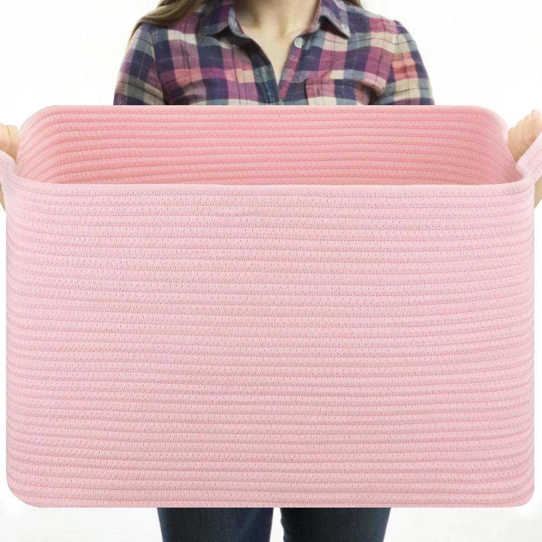 Large Blanket Basket, Blanket Storage Living Room, Rectangle Woven Baskets for Storage Toys, Towels, Dirty Clothes Organizer Bins (Pink) (19.7"x15.8"x11.8")