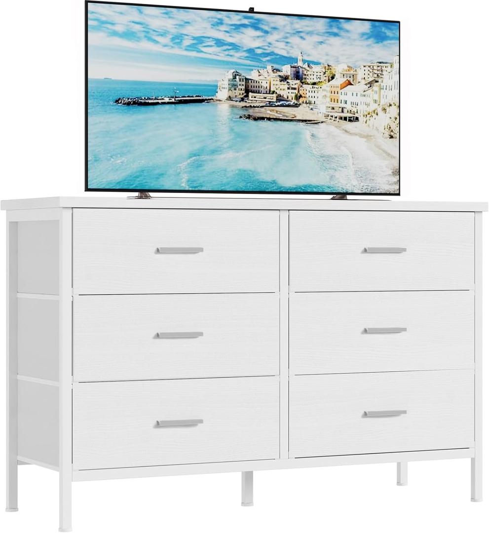 BOLUO White Dresser for Bedroom 6 Drawer, Wide Dresser TV Stand for 50" TV Dressers & Chests of Drawers Fabric Dresser for Closet Modern