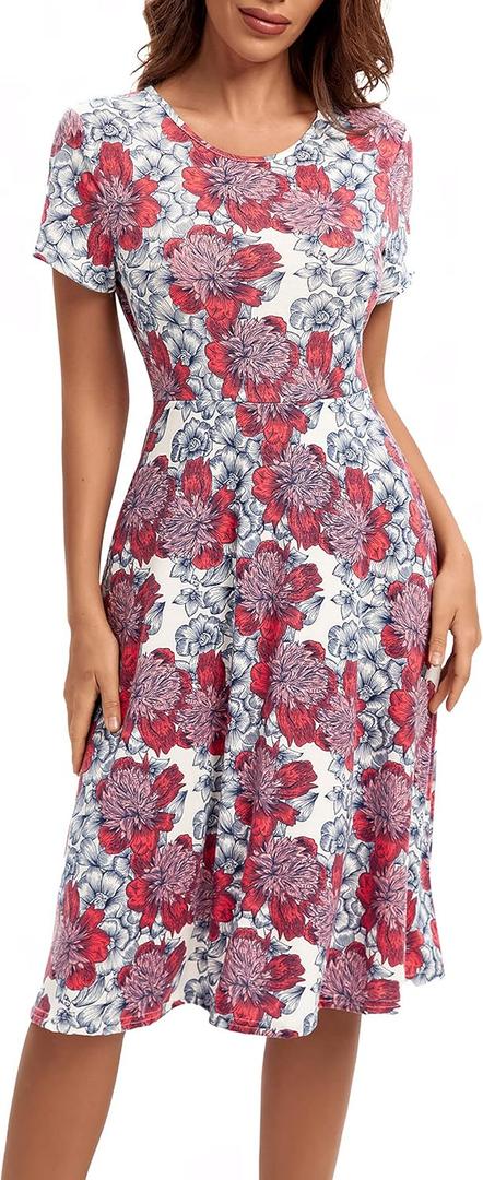 Urban CoCo Women's Vintage Short Sleeve High Waist Flared Midi Casual Summer Dress (Medium, #19)
