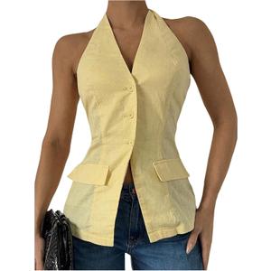 MakeMeChic Women's Halter Button Down Linen-Like Vest Business Office Sleeveless Tank Tops (XS)