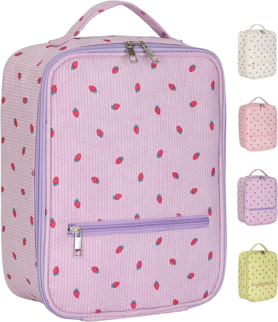 Strawberry Lunch Bag for Women,Cute Reusable Tote Handbags Corduroy Box, Leakproof Thermal Cooler Large Capacity Lunchbox for Work Travel Picnic