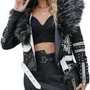 Bellivera Faux Leather Jacket for Women Studded Rivet Floral Moto Biker Short Lapel Coat, L