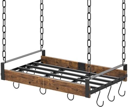 Creso hom Hanging Pot Rack, Pot Hangers for Kitchen with 12 S-Shaped Hooks, Vintage Ceiling Mounted Pan Holder with Raised Edges for Cookware Storage, 24x13 Inch, Rustic Brown and Classic Black