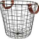 PRETYZOOM Wrought Iron Firewood Basket with Leather Handle 11.8 Inch Round Metal Log Holder for Indoor and Outdoor Wood Storage