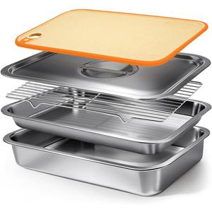 Grilling Prep and Serve Trays with Lid, Stainless Steel Extra Large Grill Carry System, Deep Marinating Container with Cutting Board for BBQ Outdoor Grilling (XL - 15.6" x 11.6", Home)