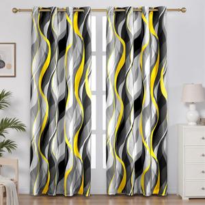 weesire Yellow and Grey Curtains Modern Striped Decorative 50% Light Blocking Darkening Grommet Yellow Curtain for Living Room Villa, Bedroom Gray and White 2 Panels Set, 52x96 Inches