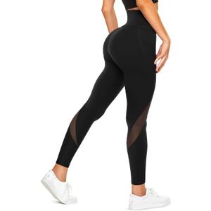 TrainingGirl Mesh Leggings for Women High Waisted Yoga Pants Workout Running Printed Leggings Gym Sports Tights with Pockets (Size Medium, Black)
