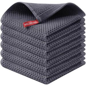 Kitinjoy 100% Cotton Kitchen Dish Cloths, 6 Pack Waffle Weave Ultra Soft Absorbent Dish Towels for Drying Dishes Quick Drying Kitchen Towels Dish Rags, 12 X 12 Inches, Dark Grey