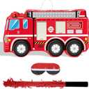 Fire Truck Piata with Hanging Loop Blindfold Bat and Confetti Filler for Kids Boys Firefighter Firetruck Theme Birthday Party Decorations Supplies, 16.14 x 8.9 x 3.15 Inches