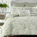 Laura Ashley Home - King Size Comforter Set, Reversible Cotton Bedding, Includes Matching Shams with Bonus Euro Shams & Throw Pillows (Natalie Sage/Off White, King)